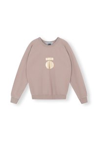 Sudadera de color rosa claro con mangas largas, escote redondo y adornos metálicos dorados en forma de rectángulo y círculo en la parte delantera.