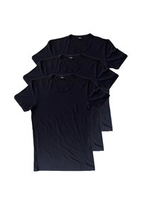 Tre t-shirt di cotone nere con collo rotondo, maniche corte e una texture liscia. Ogni maglietta presenta un sottile dettaglio di cucitura.