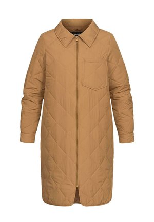 Cappotto trapuntato beige con collo e zip frontale. Presenta una tasca singola sul petto sinistro, maniche lunghe e una linea dritta.