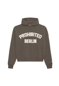 Felpa con cappuccio grigia scura, dotata di tasca frontale e scritta bianca "PROHIBITED BERLIN" sul petto, polsini a costine e piccolo logo sull'orlo della manica.