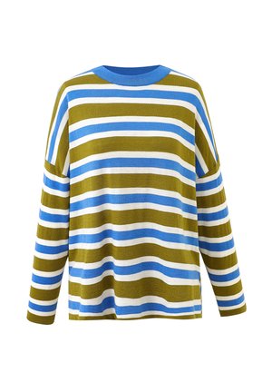 Lange mouw gebreide trui met horizontale strepen in olijfgroen, lichtblauw en wit, met een ronde halslijn in lichtblauw.