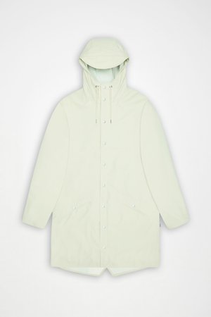 Hellgrüner wasserdichter Mantel mit Kapuze, Druckknöpfen, Kordelzug, zwei vorderen Taschen und lockerem Schnitt. Glatte Textur, knielanges Design.