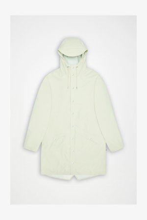 Jasnozielony, wodoodporny płaszcz z kapturem, zatrzaskami, sznurkiem, dwoma przednimi kieszeniami oraz luźnym krojem. Gładka faktura, długość do kolan.