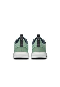 Green mesh sneakers with a white sole, featuring a gray pull tab at the heel and navy accents around the collar and tongue.