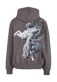 Felpa con cappuccio in un tessuto grigio spento che presenta una grande grafica monocromatica di un cavallo e una figura alata sul retro.