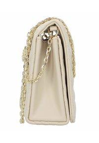 Beige leather handbag with quilted design, gold chain strap, and a structured shape. Features a clasp closure and smooth texture.
