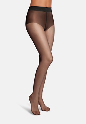 Collant neri trasparenti con una fascia larga in vita, materiale semi-trasparente, texture liscia e punta rinforzata, che arrivano fino a metà coscia.