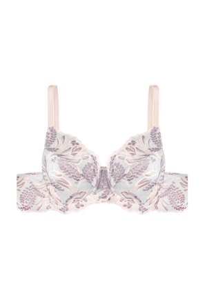 Koronkowy biustonosz w pastelowych kolorach z kwiatowym wzorem, z podszewką, regulowanymi ramiączkami i falbaniastymi brzegami. Miękka tekstura materiału.