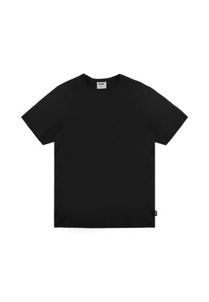 Czarna koszulka z bawełny. Krótkie rękawy, okrągły dekolt i prosty krój. Dyskretna metka na dolnym lewym boku. Gładka tekstura.