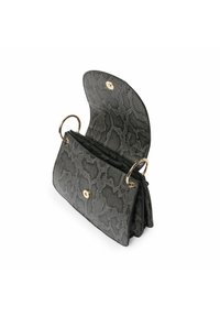 Borsa a tracolla grigia con stampa a serpente e hardware dorato, dotata di chiusura a patta e due manici circolari. L'interno presenta una fodera testurizzata.