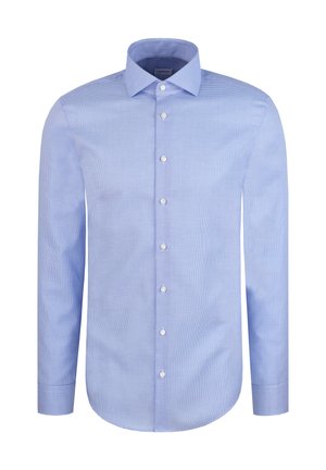 Camicia azzurro chiaro a maniche lunghe con un sottile motivo a quadretti, colletto standard, chiusura con bottoni e orlo arrotondato. Realizzata in tessuto liscio.