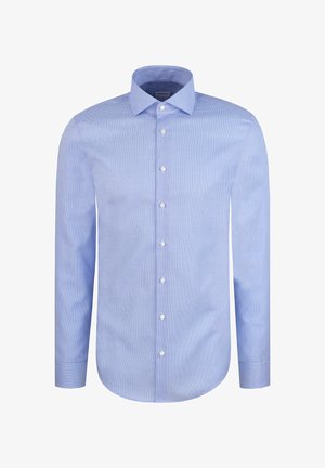 Lichtblauw overhemd met lange mouwen, subtiel ruitpatroon, standaard kraag, knoopsluiting en afgeronde zoom. Gemaakt van een soepel stof.