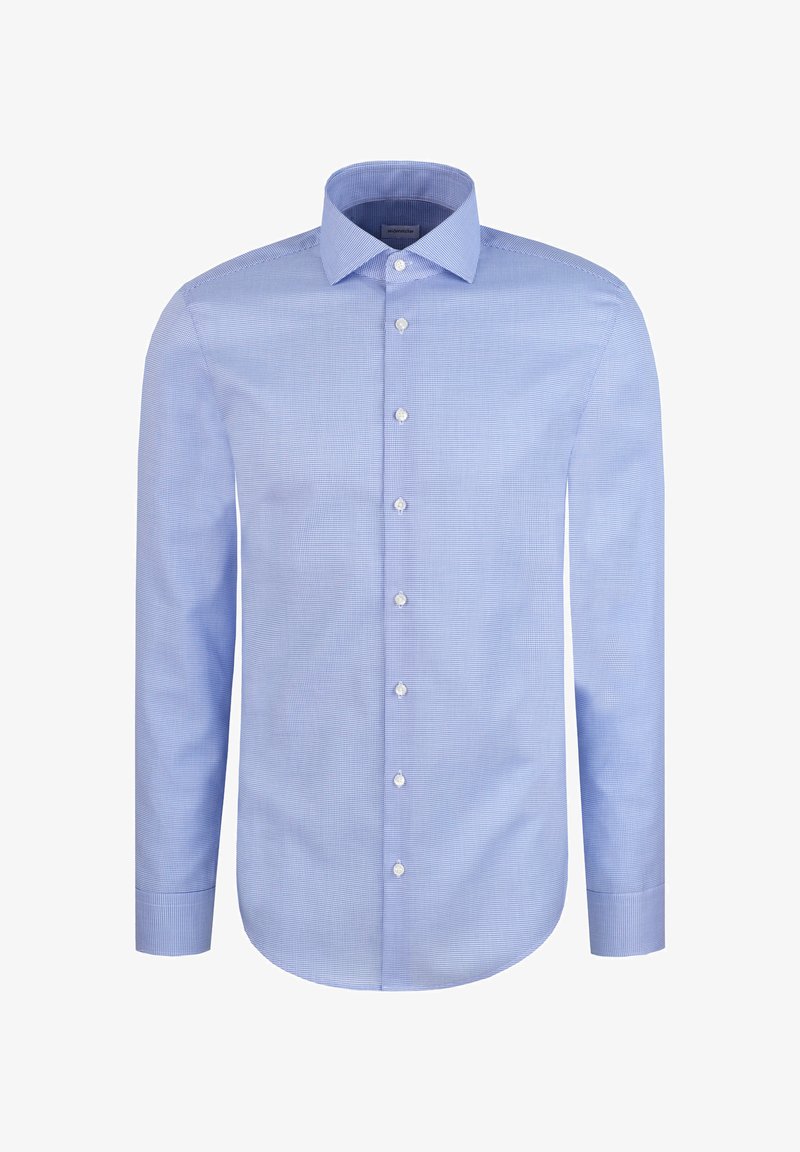 Chemise bleu clair à manches longues avec un motif à carreaux subtil, col classique, fermeture par boutons et ourlet arrondi. Fabriquée dans un tissu lisse.