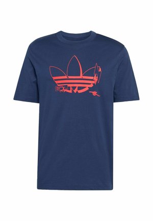 Navy blue cotton t-shirt with short sleeves featuring a red graphic design of the Adidas logo with three stripes and additional text details.