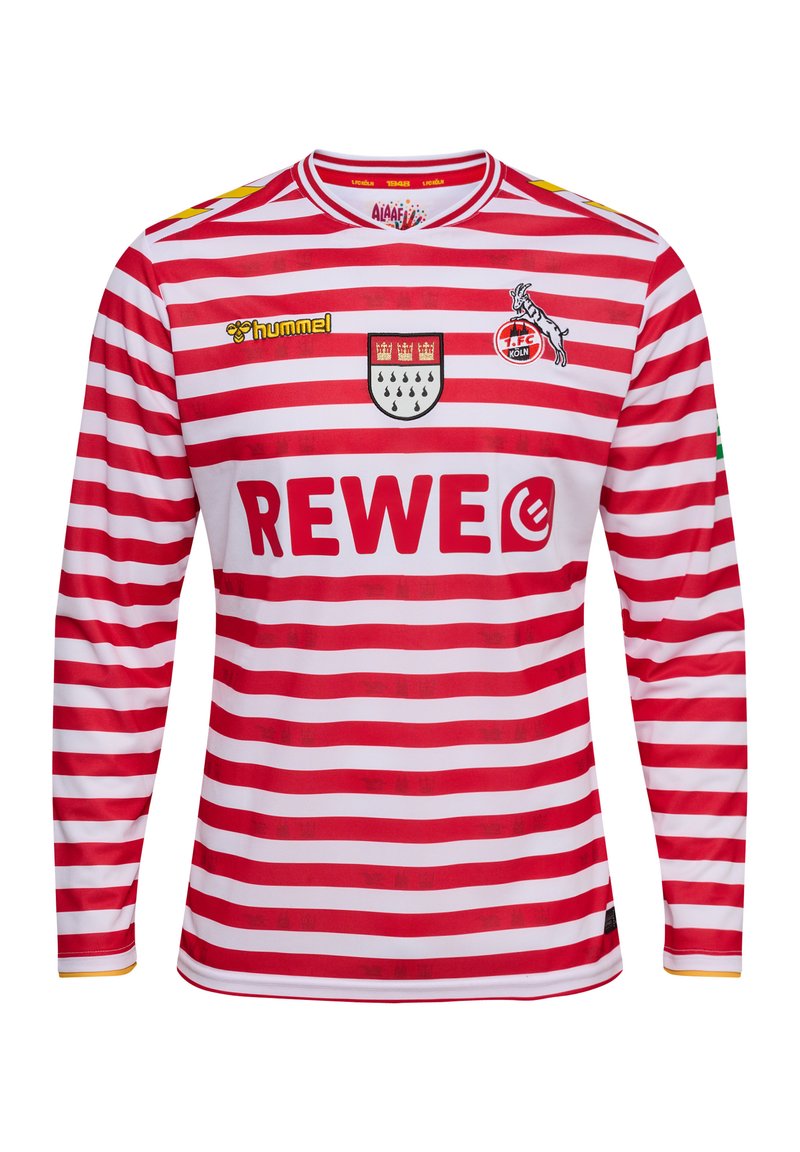 Maillot à manches longues rouge et blanc rayé, avec un col rond, le logo REWE bien visible et l'insigne du club sur la poitrine.