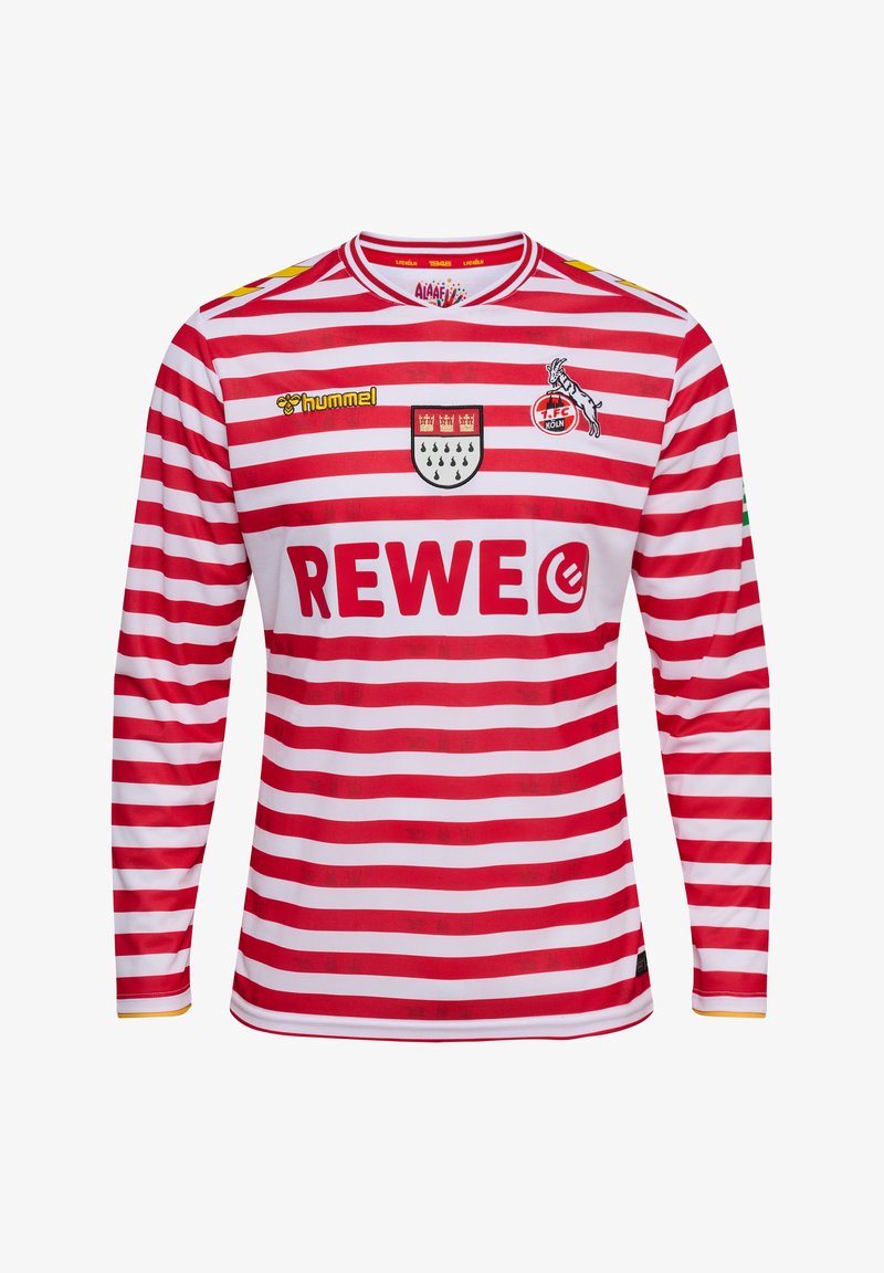 Maillot à manches longues rouge et blanc rayé, avec un col rond, le logo REWE bien visible et l'insigne du club sur la poitrine.