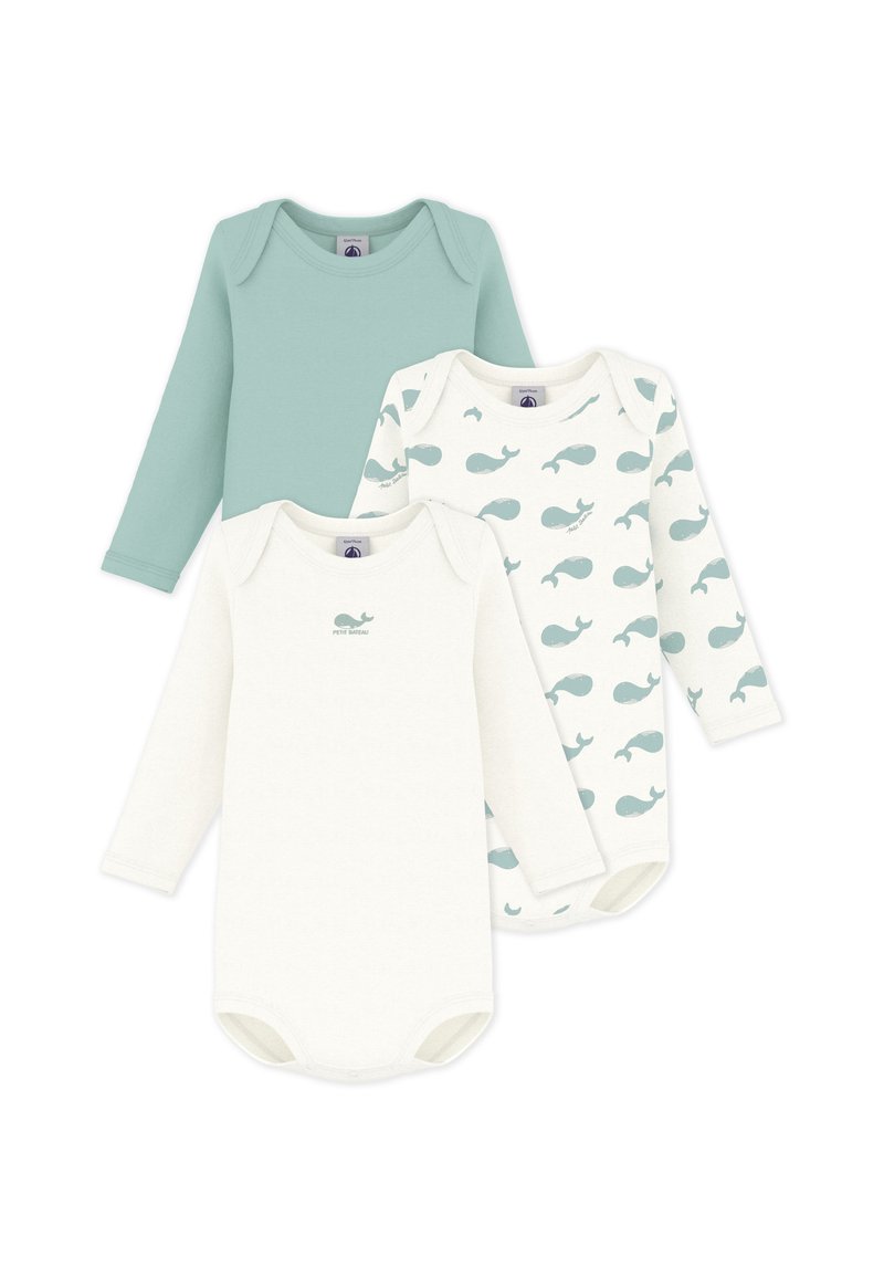 Τρία μακρυμάνικα φορμάκια για μωρά: ένα σε μέντα πράσινο, ένα λευκό με εκτυπώσεις φάλαινας, ένα κρεμ με μικρό λογότυπο φάλαινας. Βαμβακερό υλικό, απαλή υφή.