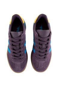 Sneakers with a purple suede upper, blue stripes, yellow accents, and a brown rubber outsole. Features lace closure and padded collar.