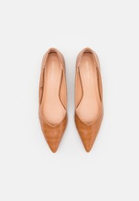 Ballerines pointues couleur sable avec une texture crocodile, dotées d'une doublure intérieure lisse et d'un design minimaliste, idéales pour un usage décontracté ou formel.