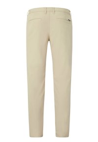 Beige trousers with a straight cut, made from smooth fabric. Features two back pockets and a discreet logo accent near the waistband.
