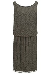 Robe grise ornée de perles avec un haut sans manches et une jupe froncée. Présente des motifs géométriques et une texture douce. Convient pour des occasions formelles.