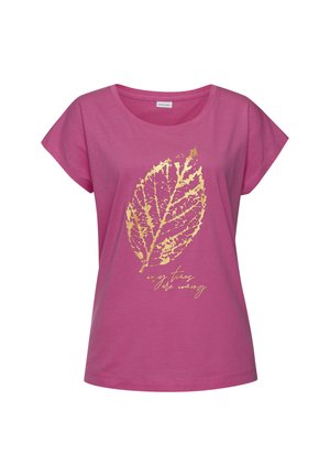 Pink cotton t-shirt with short sleeves, featuring a gold leaf print and handwritten text. Relaxed fit with a round neckline.