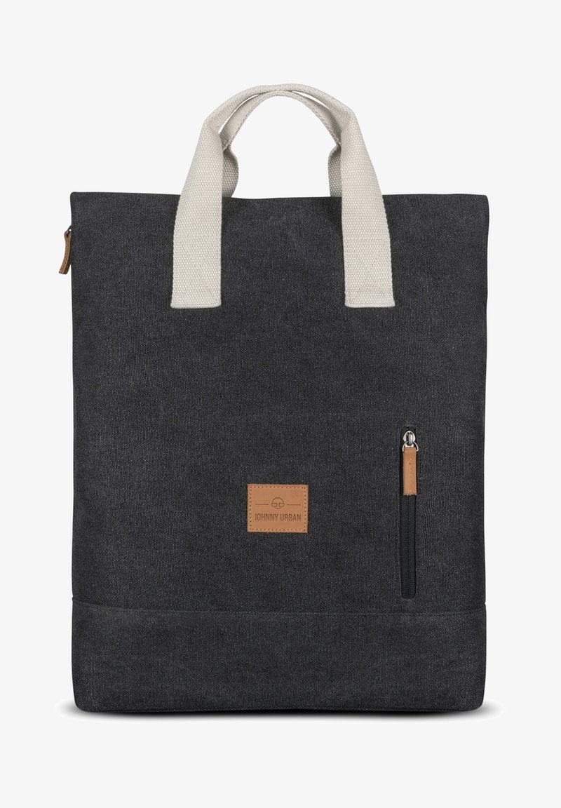 Fekete textil táska bézs pamut füllel, elülső cipzáras zsebbel és barna bőr logóval. Texturált felület.