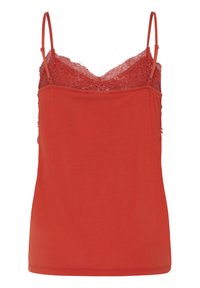 Camisole rouge sans manches avec bretelles ajustables et bordure en dentelle le long du décolleté et du haut de la poitrine.