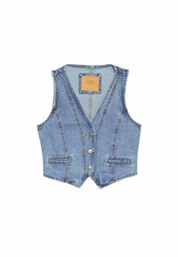 Jeansjacka utan ärmar med V-ringning, tre framknappar, två horisontella fickor och en etikett sydd inuti kragsområdet.