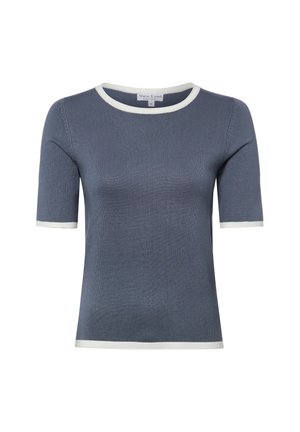 Kortemouw grijze gebreide top met witte bies langs de halslijn, mouwboorden en zoom.