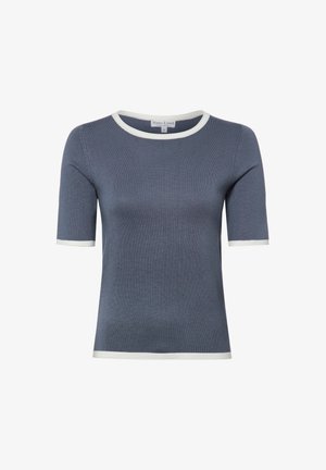 Kurzärmeliges graues Stricktop mit weißem Besatz an Ausschnitt, Ärmelbündchen und Saum.