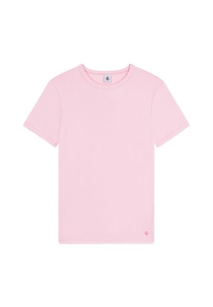 T-shirt rose à manches courtes en coton doux, avec un col rond et un petit logo en bas. Texture lisse avec un design uni.