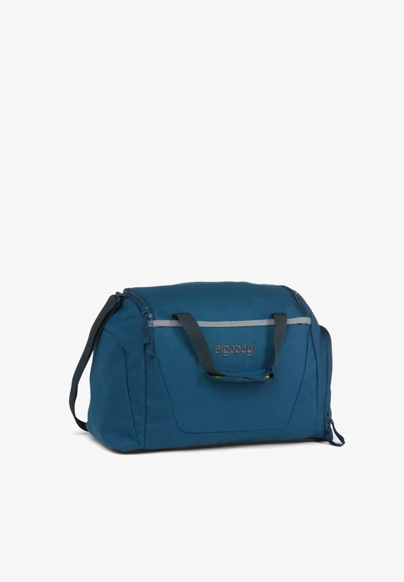 Blue duffel bag made of fabric, featuring a zippered closure, two handles, and a reflective stripe on the front. Plain design with smooth texture.