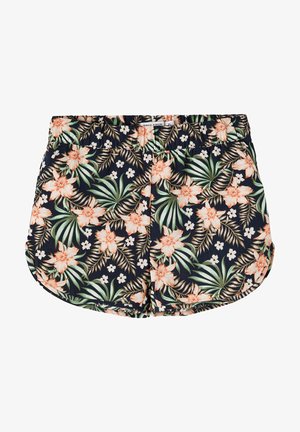 Calções florais em azul marinho com um padrão tropical de flores brancas e folhas verdes. Cintura elástica, tecido leve e bainha curva.