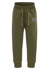 Olivgrön sweatpants med elastisk midja och dragsko. Mudd på anklarna och liten "HUMMEL"-logga i blått på framsidan. Mjukt material.