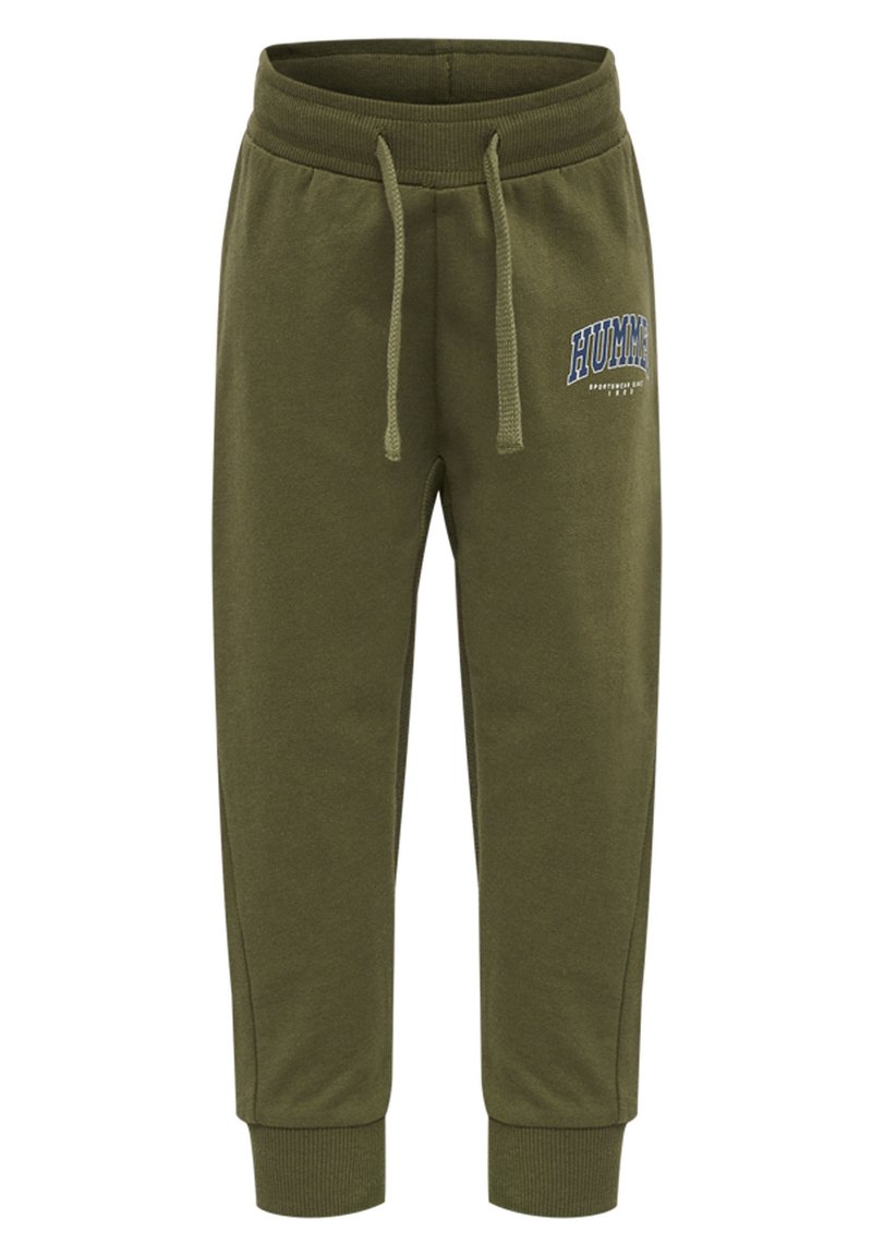 Olivgrön sweatpants med elastisk midja och dragsko. Mudd på anklarna och liten "HUMMEL"-logga i blått på framsidan. Mjukt material.