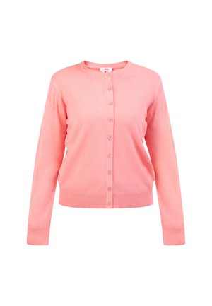 Koralfarvet cardigan med rund halsudskæring, fuld frontlukning med knapper og lange ærmer. Ribkant ved kanten og ærmerne; glat strikstruktur.