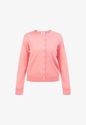 Koralfarvet cardigan med rund halsudskæring, fuld frontlukning med knapper og lange ærmer. Ribkant ved kanten og ærmerne; glat strikstruktur.