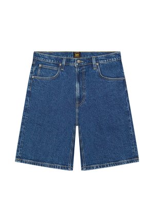Blauwe denim shorts tot op de knie met voorzakken, knoopsluiting, lussen voor een riem en een klein Lee-merklabel op de tailleband.