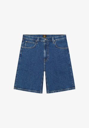 Μπλε τζιν σορτς μήκους έως το γόνατο με μπροστινές τσέπες, κλείσιμο με κουμπί, θηλιές για ζώνη και μια μικρή ετικέτα της μάρκας Lee στη μέση.