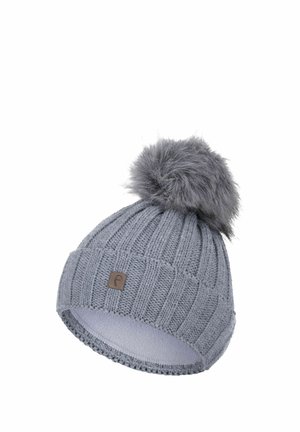 Gray knitted winter hat with ribbed pattern and large fuzzy pom-pom on top, featuring a small rectangular brand tag on the cuff.