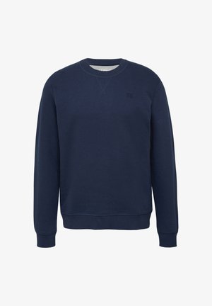 Navy blue bawełnowy sweatshirt z długimi rękawami, okrągłym dekoltem, ściągaczami przy rękawach i na dole, z małym wytłoczonym logo na piersi.