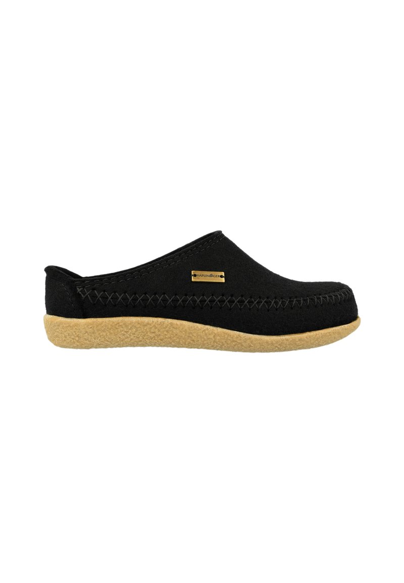 Black felt clog-style shoe with a tan rubber outsole, decorative stitching, and a small metal logo accent on the side.