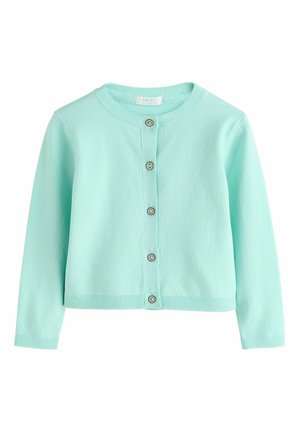 Svetlomodrý zapínací kardigán s dlhými rukávmi a okrúhlym výstrihom, pletená tkanina a rebrované manžety a lem.