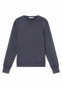 Felpa grigia scura con maniche lunghe, scollatura a girocollo, polsini e vita a costine, texture morbida e dettagli di cucitura visibili.