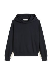 Marineblauwe hoodie met een gevoerde capuchon, brede mouwen en een contrasterend lichtkleurig zijaccent; zachte textuur; subtiel logo in reliëf op de voorkant.