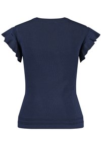 Hladký námořnický modrý top s krátkými, volánkovými rukávy, kulatým výstřihem a vypasovaným pasem. Hladká textura s švy podél lemování.