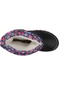 Schwarze wasserdichte Stiefel mit grauem Blumenmuster an der Oberseite, gefüttert mit weißem Kunstfell. Verfügt über eine Kordelzug zum Verstellen oben.