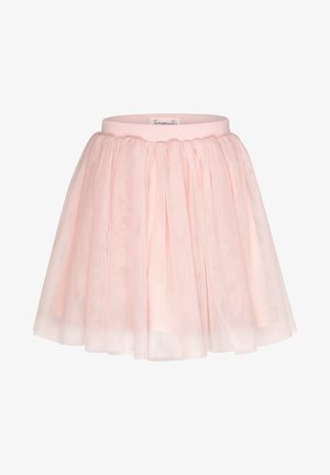 Pink tulle skirt with a soft, gathered design. Features a wide elastic waistband and layered texture, providing a light and airy appearance.
