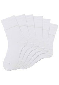 Pack of six white cotton socks, featuring a ribbed cuff, smooth texture, and classic ankle length design.